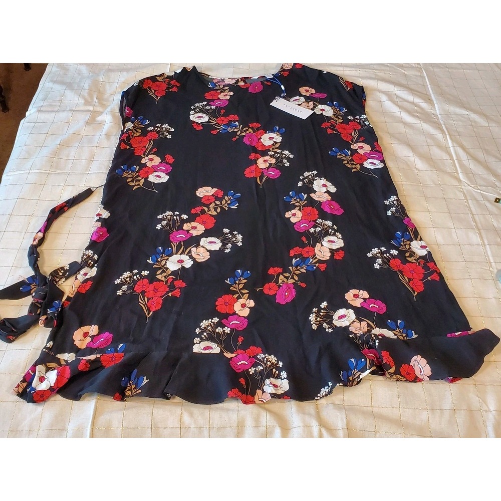Popsugar Dress XL Navy Blue Floral Cap Sleeve Rayon Above Knee Belt NWT